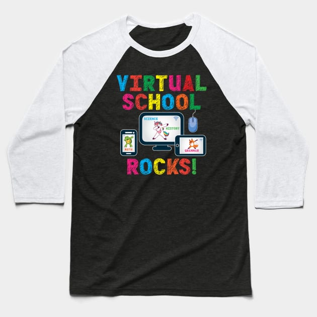 Virtual School Rocks Dabbing Unicorn Turtle Fox On Devices Baseball T-Shirt by Rosemarie Guieb Designs